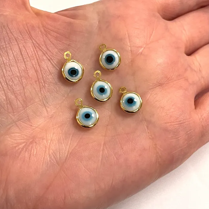 24Kt Gold Plated 8mm White Glass Evil Eye Charms 5 pcs in a pack Peppy Beads Necklaces 24Kt Gold Plated 8mm White Glass Evil Eye Charms 5 pcs in a pack Peppy Beads Necklaces