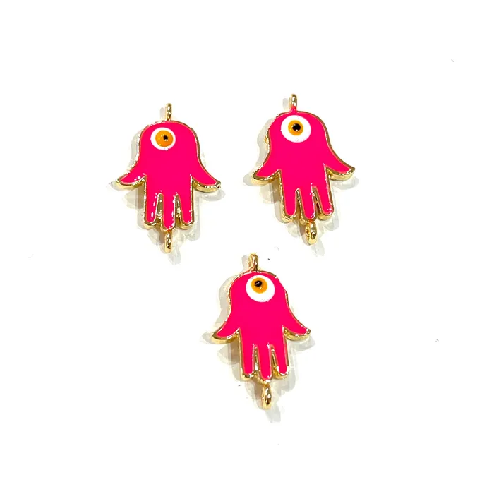 Earrings Peppy Beads 24Kt Gold Plated Brass Neon Pink Enamelled Hamsa Connector Charms 3 pcs in a pack