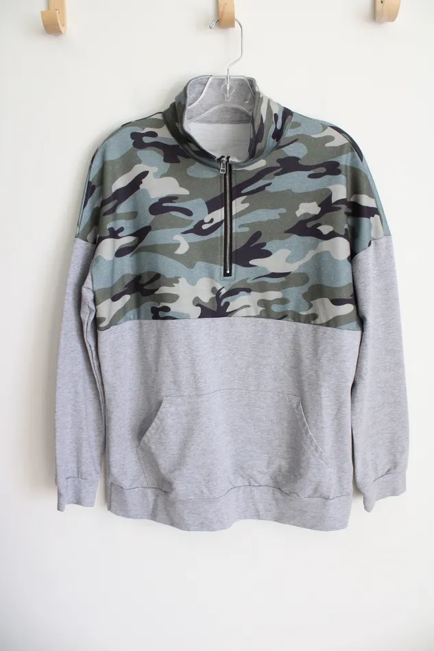 Green Gray 14 Zip Pullover Sweatshirt M Jubilee Thrift Earrings