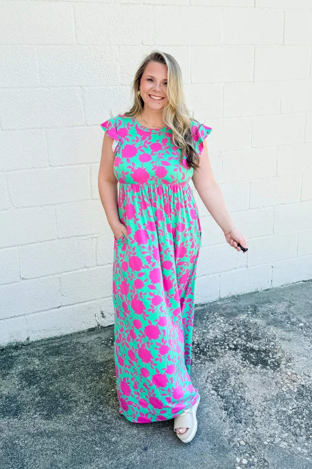 Haptics Rings Girls Like You Floral Babydoll Maxi Dress GreenFuchsia