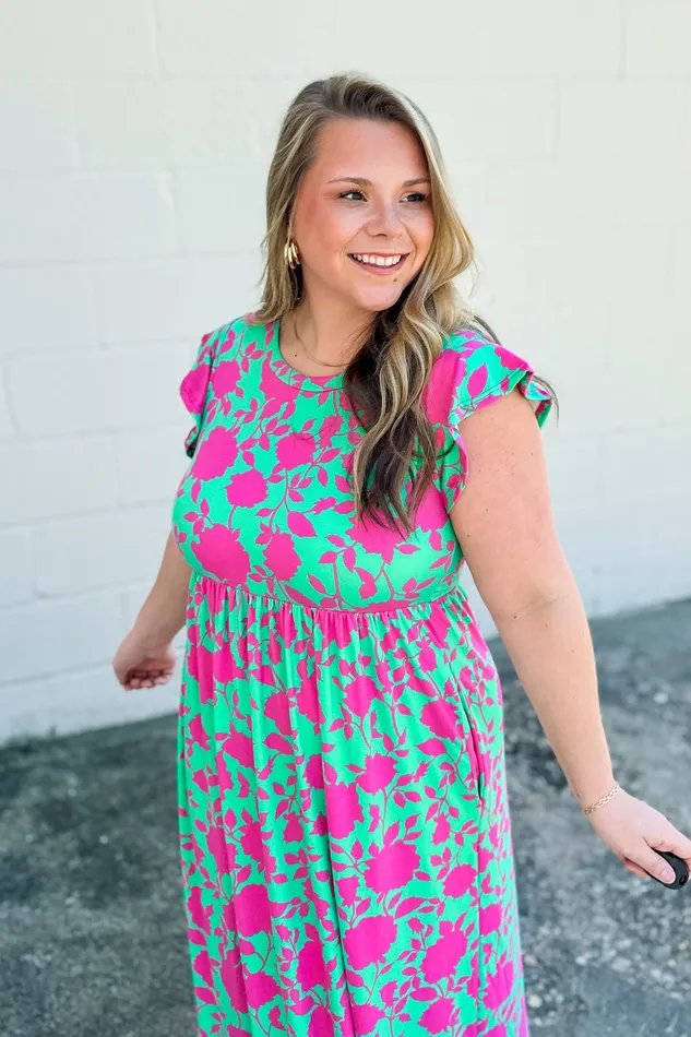 Haptics Rings Girls Like You Floral Babydoll Maxi Dress GreenFuchsia