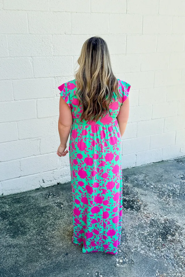 Haptics Rings Girls Like You Floral Babydoll Maxi Dress GreenFuchsia