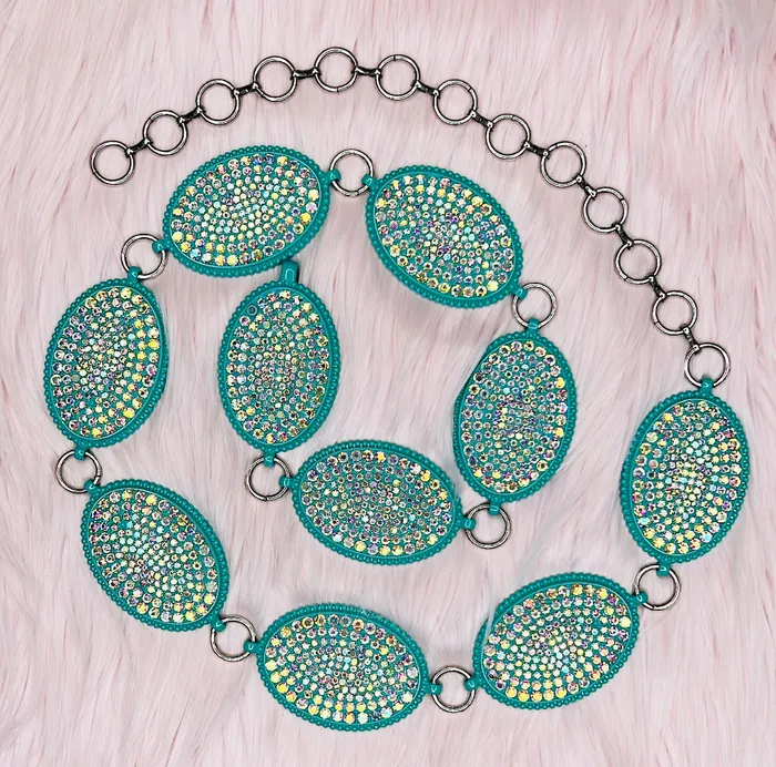 Necklaces The Chandelier Rose Boutique WESTERN AB CRYSTAL TURQUOISE CONCHO LINK CHAIN BELT Necklaces The Chandelier Rose Boutique WESTERN AB CRYSTAL TURQUOISE CONCHO LINK CHAIN BELT