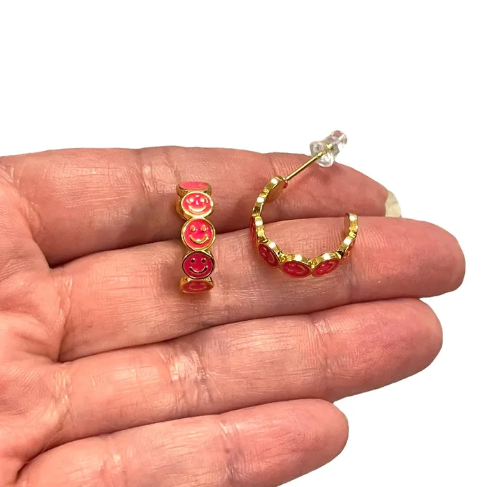 Peppy Beads Earrings 24Kt Gold Plated Neon Pink Enamelled Smiley Face Earrings