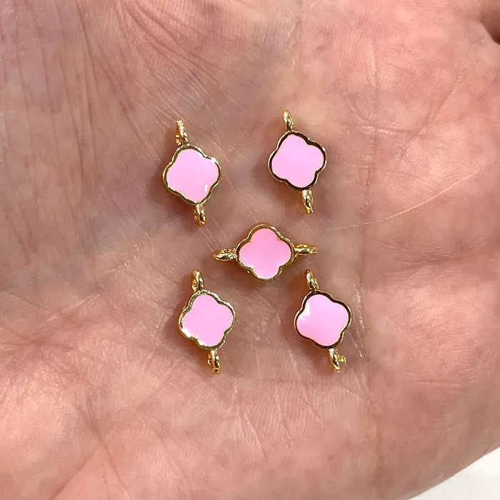 Peppy Beads Earrings 24Kt Shiny Gold Plated Pink Enamelled Clover Connector Charms
