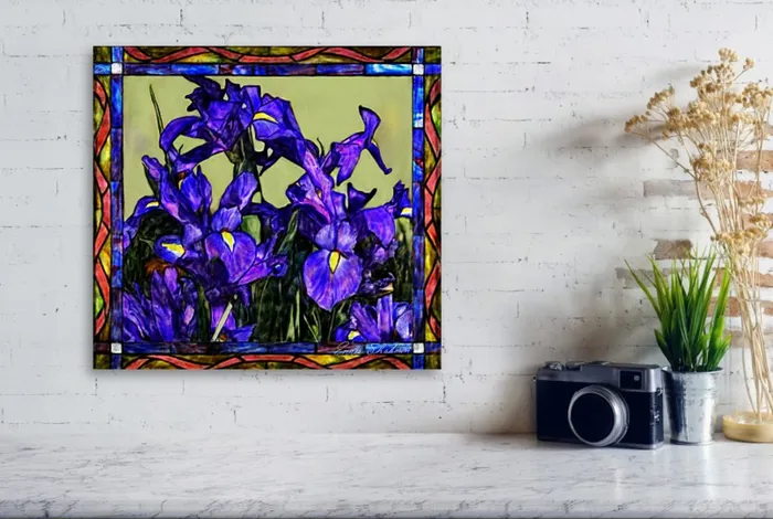Portraits by NC Rings Stretched Canvas Print Tiffany Style Blue Iris Floral Print