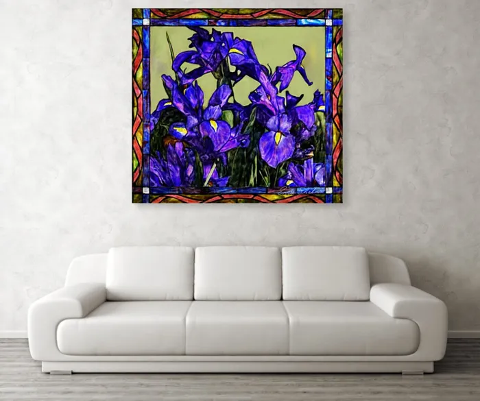 Portraits by NC Rings Stretched Canvas Print Tiffany Style Blue Iris Floral Print
