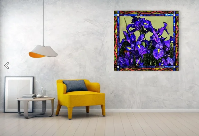 Portraits by NC Rings Stretched Canvas Print Tiffany Style Blue Iris Floral Print