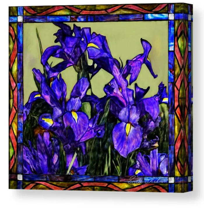 Portraits by NC Rings Stretched Canvas Print Tiffany Style Blue Iris Floral Print