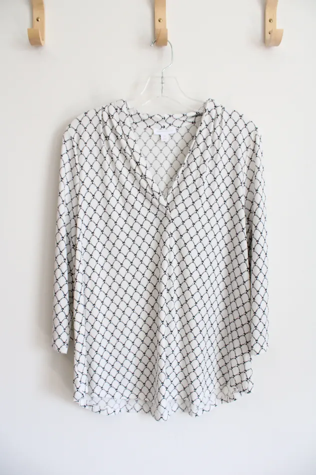 Rings Charter Club Charter Club White Black Patterned Long Sleeved Top XL Petite