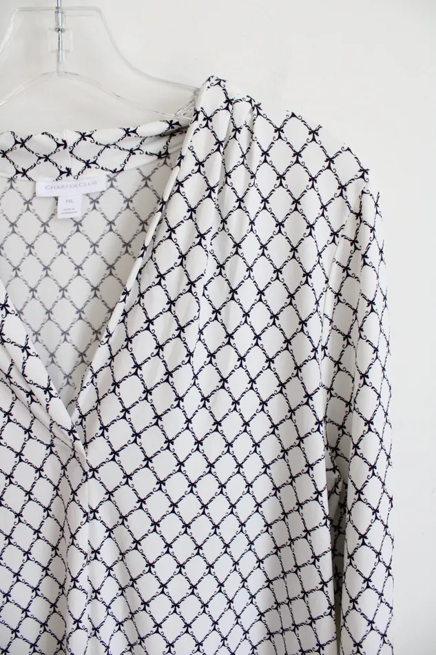 Rings Charter Club Charter Club White Black Patterned Long Sleeved Top XL Petite