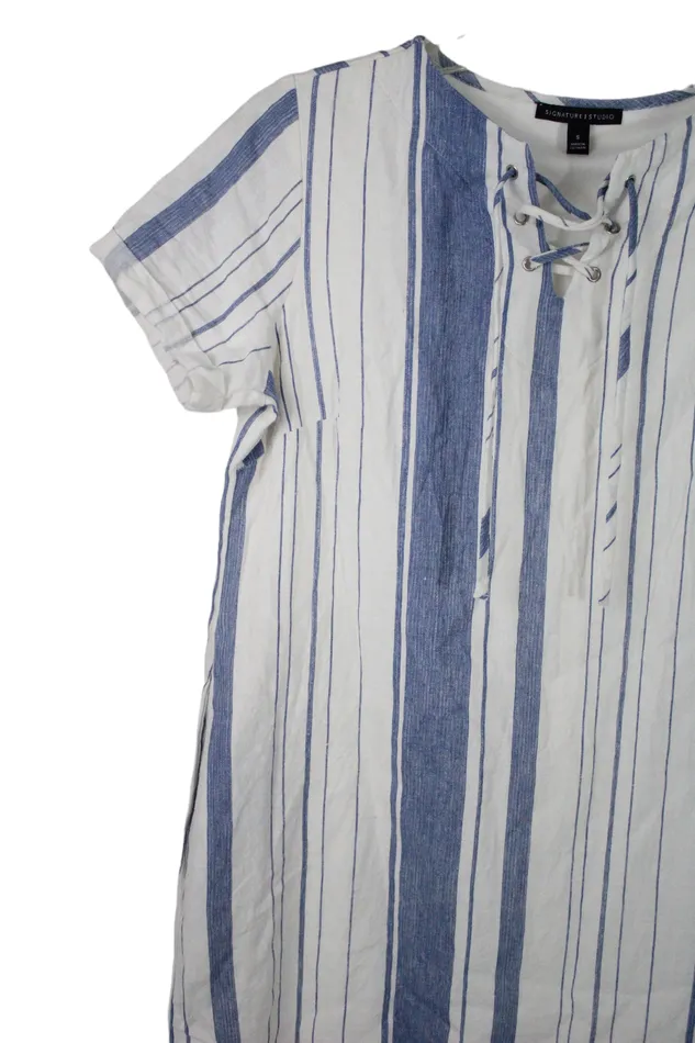 Rings Signature Studio Blue White Striped Linen Blend Dress S Signature Studio