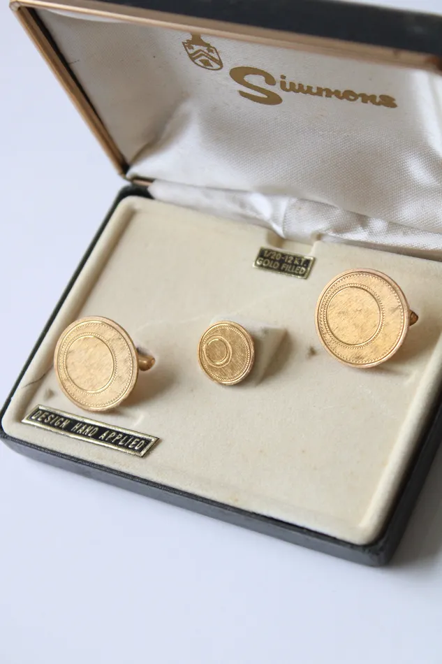 Simmons 120 14KT GF Gold Cuff Links Tie Tack Simmons Earrings