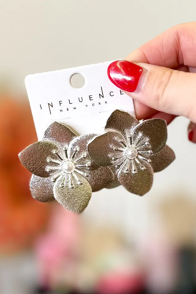 Statement Metal Tone Flower Oversized Stud Earrings Silver Judson Earrings