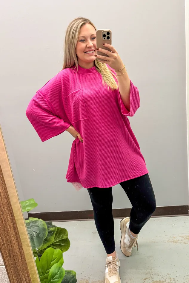 Stylive Earrings Marcy Oversized Ribbed Tunic Top Hot Pink