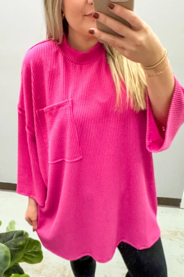 Stylive Earrings Marcy Oversized Ribbed Tunic Top Hot Pink