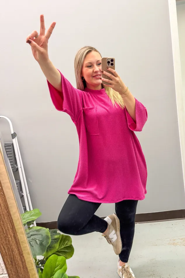 Stylive Earrings Marcy Oversized Ribbed Tunic Top Hot Pink