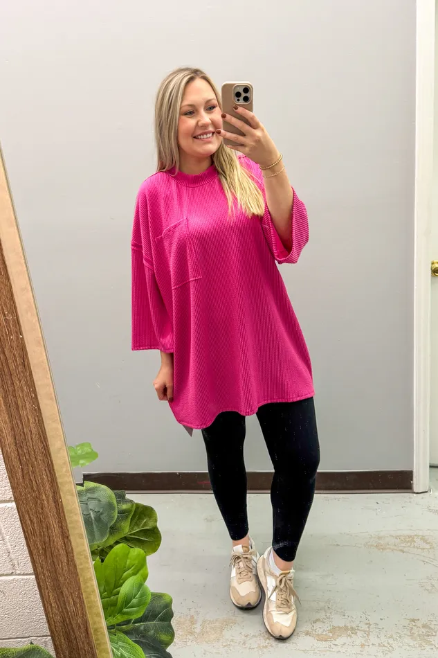 Stylive Earrings Marcy Oversized Ribbed Tunic Top Hot Pink