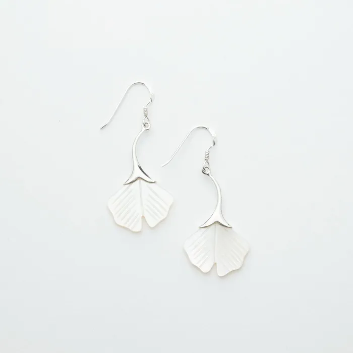 Tiger Mountain Earrings Bodhi Leaf Mother of Pearl Dangle Earrings in Sterling Silver
