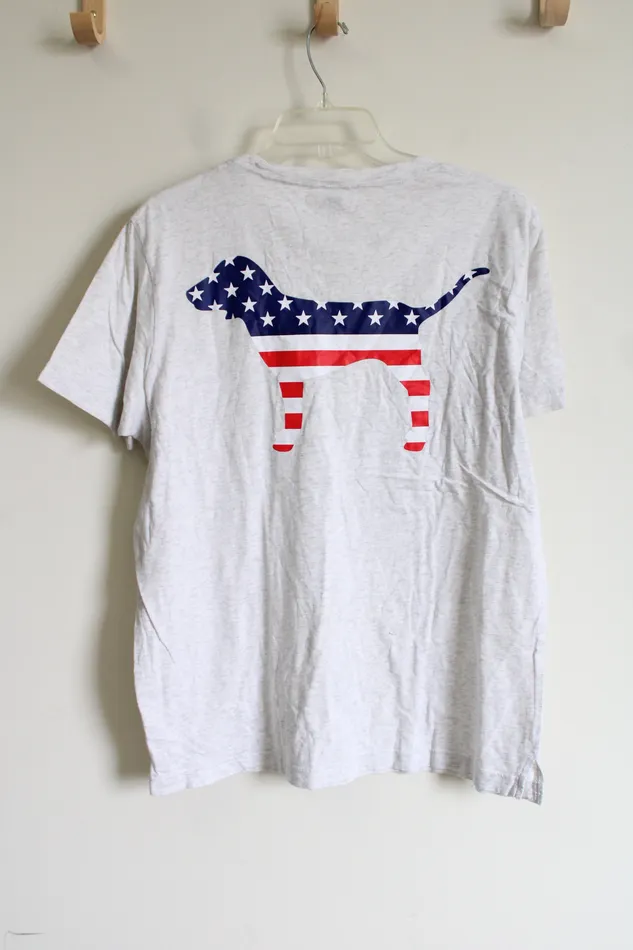 Victorias Secret Victorias Secret PINK Heathered White American Flag Print Dog Logo Tee M Rings
