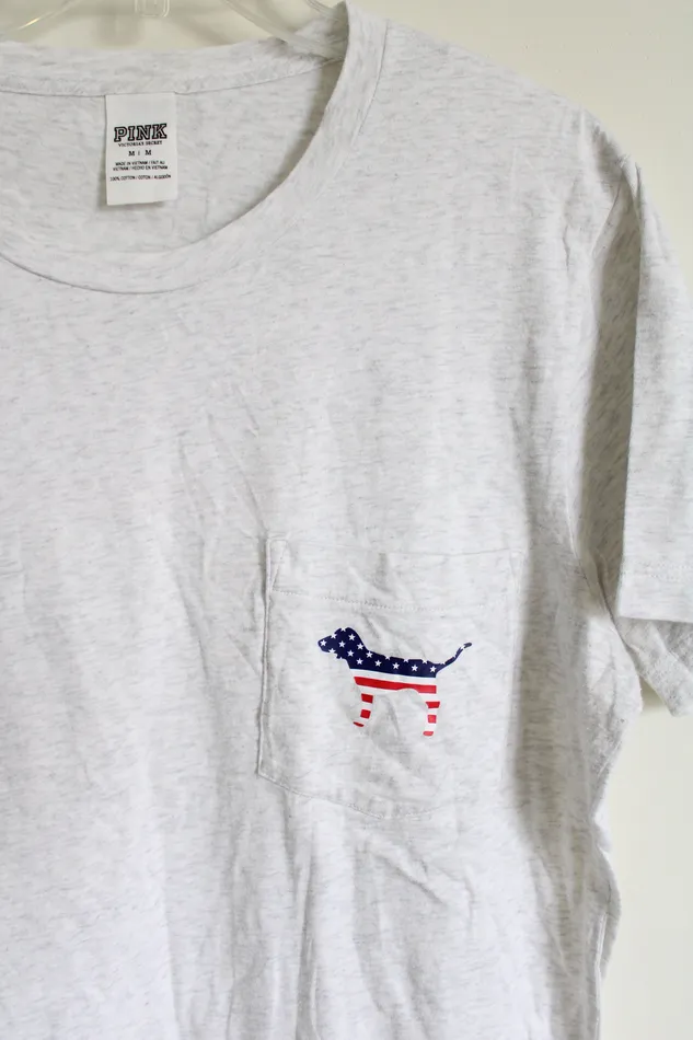 Victorias Secret Victorias Secret PINK Heathered White American Flag Print Dog Logo Tee M Rings
