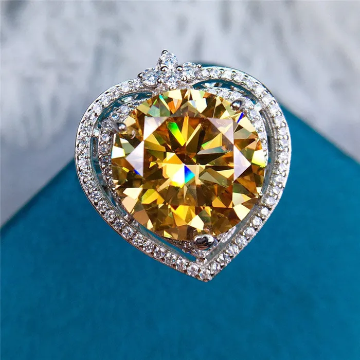 8 Carat Round Moissanite Ring Double Heart Beaded Halo Certified VVS Vivid Yellow Leyloon Jewelry Rings