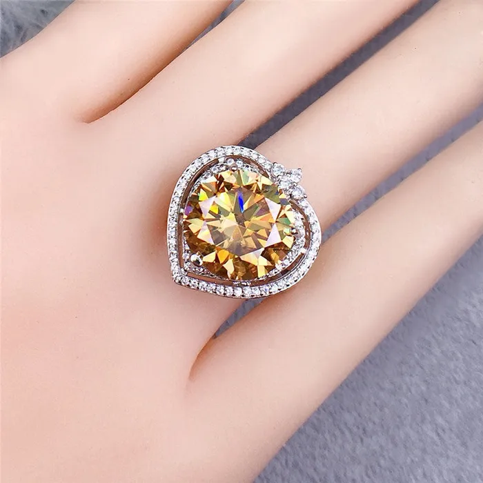 8 Carat Round Moissanite Ring Double Heart Beaded Halo Certified VVS Vivid Yellow Leyloon Jewelry Rings