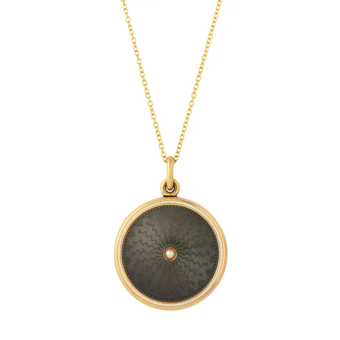 Antique Black Guilloche Pearl And 14k Gold Locket Necklaces