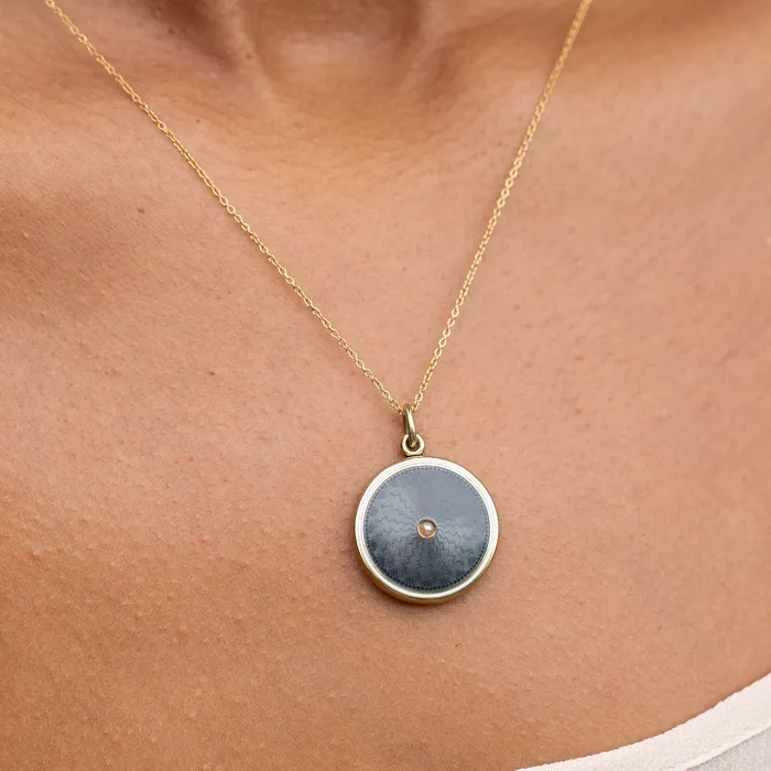 Antique Black Guilloche Pearl And 14k Gold Locket Necklaces