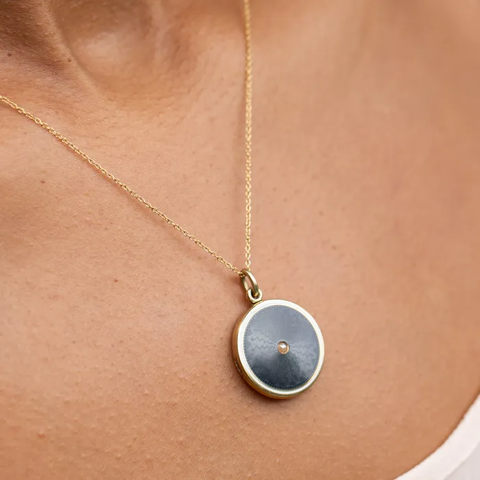 Antique Black Guilloche Pearl And 14k Gold Locket Necklaces