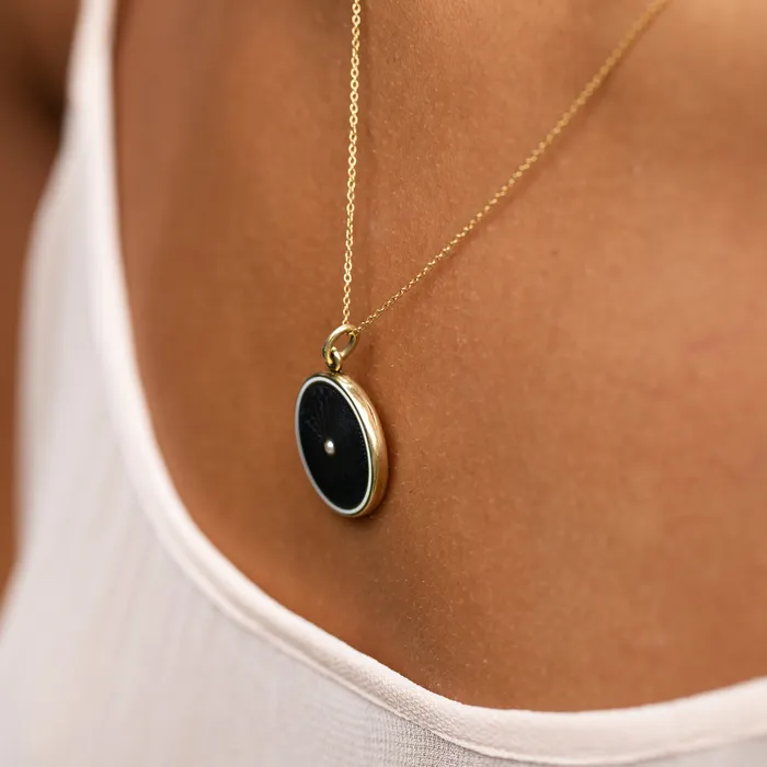 Antique Black Guilloche Pearl And 14k Gold Locket Necklaces
