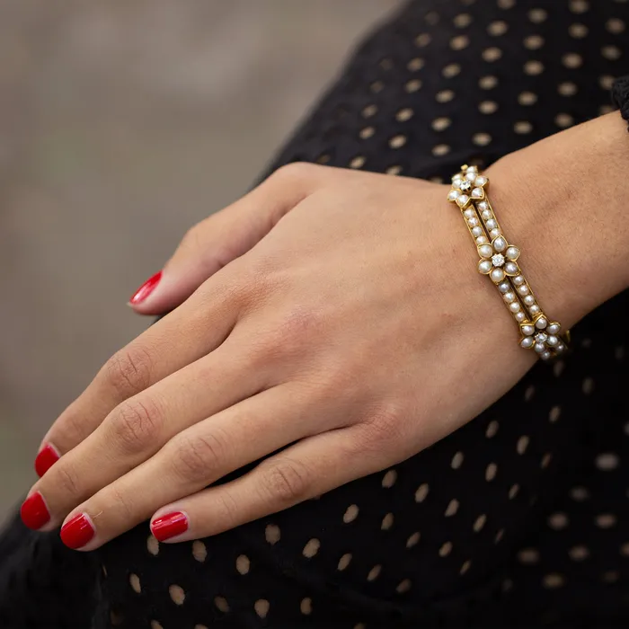 Antique Bracelets Victorian Pearl and Diamond Flower 18k Gold Bracelet