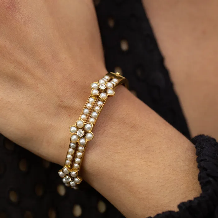 Antique Bracelets Victorian Pearl and Diamond Flower 18k Gold Bracelet