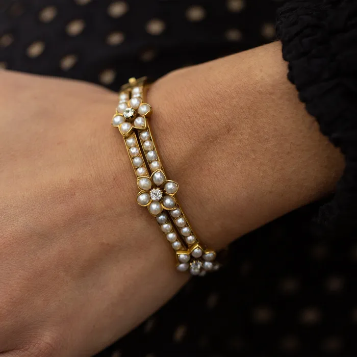 Antique Bracelets Victorian Pearl and Diamond Flower 18k Gold Bracelet