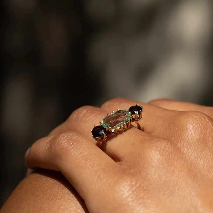 Aquamarine Garnet and Gold Ring Antique Rings