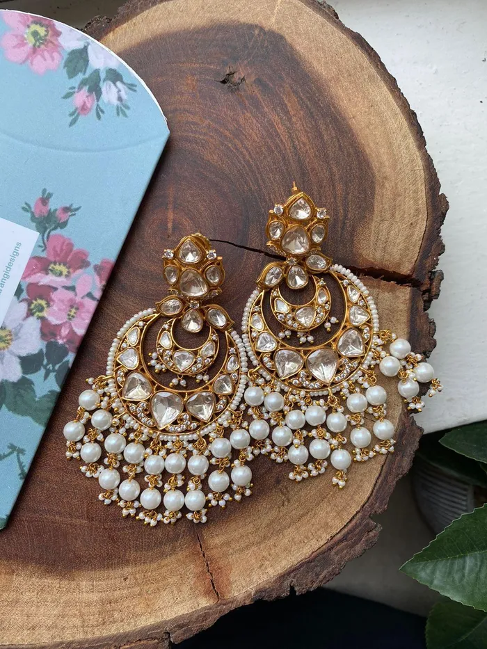 Attrangi Jahnavi Moissanite Gold Indian Chandbalis PreStyled Sets Attrangi Jahnavi Moissanite Gold Indian Chandbalis PreStyled Sets