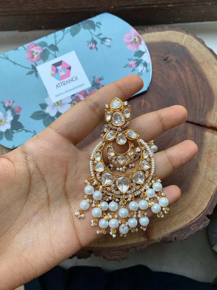 Attrangi Jahnavi Moissanite Gold Indian Chandbalis PreStyled Sets Attrangi Jahnavi Moissanite Gold Indian Chandbalis PreStyled Sets