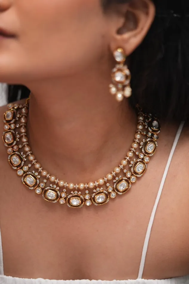 Attrangi Necklaces Shikha Moissanite Polki Necklace set with Pearls
