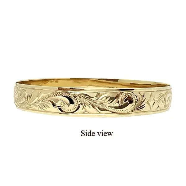 Bracelets Rosa Marianas 14KT Yellow Gold PersonalizedCustom Made to Order 15mm Plumeria and Scroll Bangle
