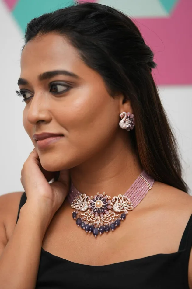 Earrings Attrangi Russell Peacock Pastel Beaded Diamond Set LaLa Land Collection