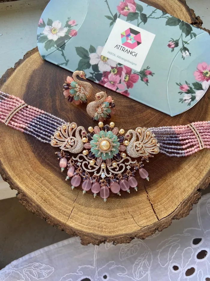 Earrings Attrangi Russell Peacock Pastel Beaded Diamond Set LaLa Land Collection Earrings Attrangi Russell Peacock Pastel Beaded Diamond Set LaLa Land Collection