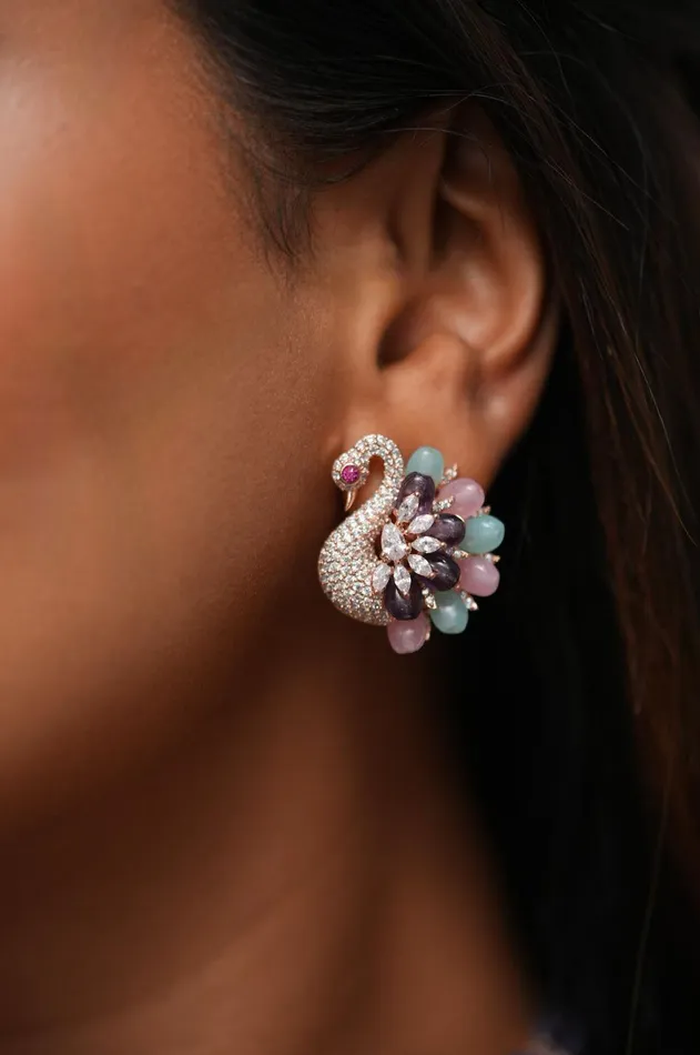 Earrings Attrangi Russell Peacock Pastel Beaded Diamond Set LaLa Land Collection Earrings Attrangi Russell Peacock Pastel Beaded Diamond Set LaLa Land Collection