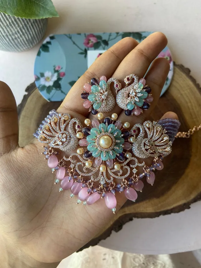 Earrings Attrangi Russell Peacock Pastel Beaded Diamond Set LaLa Land Collection Earrings Attrangi Russell Peacock Pastel Beaded Diamond Set LaLa Land Collection