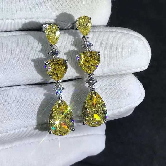 Earrings Leyloon Jewelry 6 Carat Yellow Pear Heart Cut Moissanite Drop Earrings