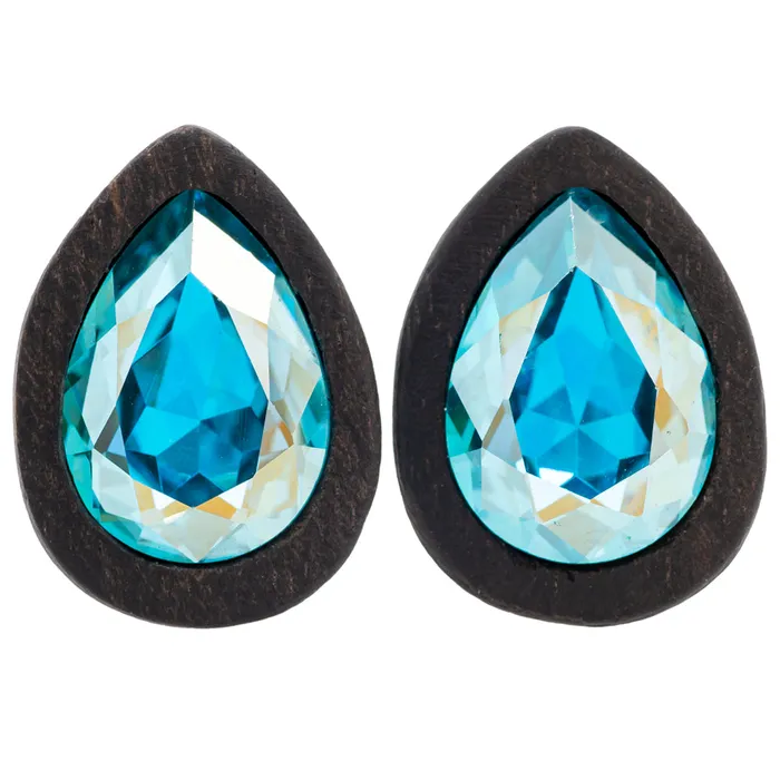 Earrings Teardrop Swarovski Plugs in Wood Sapphire AB Esoteric Organics