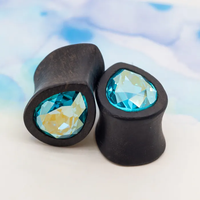 Earrings Teardrop Swarovski Plugs in Wood Sapphire AB Esoteric Organics
