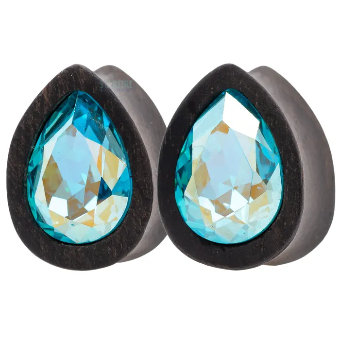 Earrings Teardrop Swarovski Plugs in Wood Sapphire AB Esoteric Organics