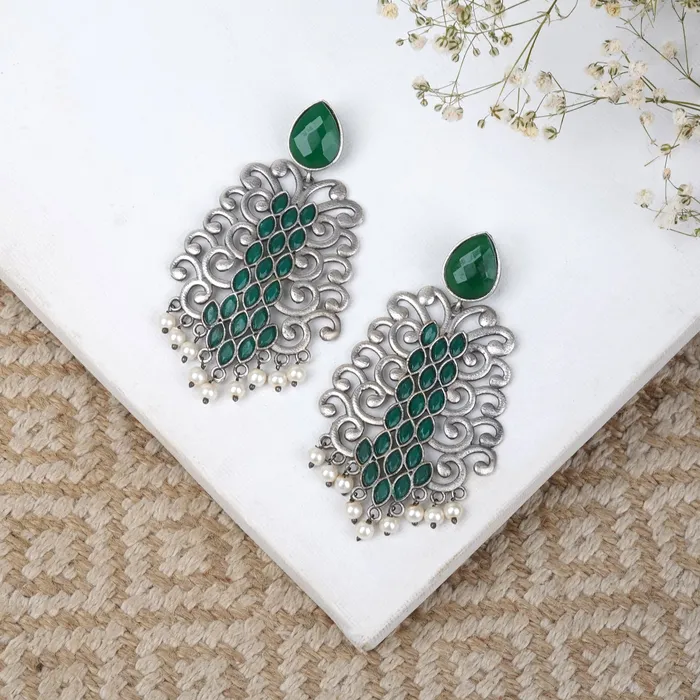 Earrings Teejh Teejh Anvita Green and Silver Oxidised Earring
