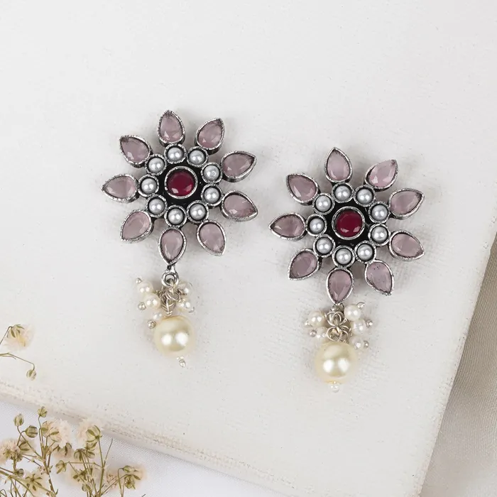 Earrings Teejh Teejh Eesha Light Pink and Magenta Silver Oxidised Earring