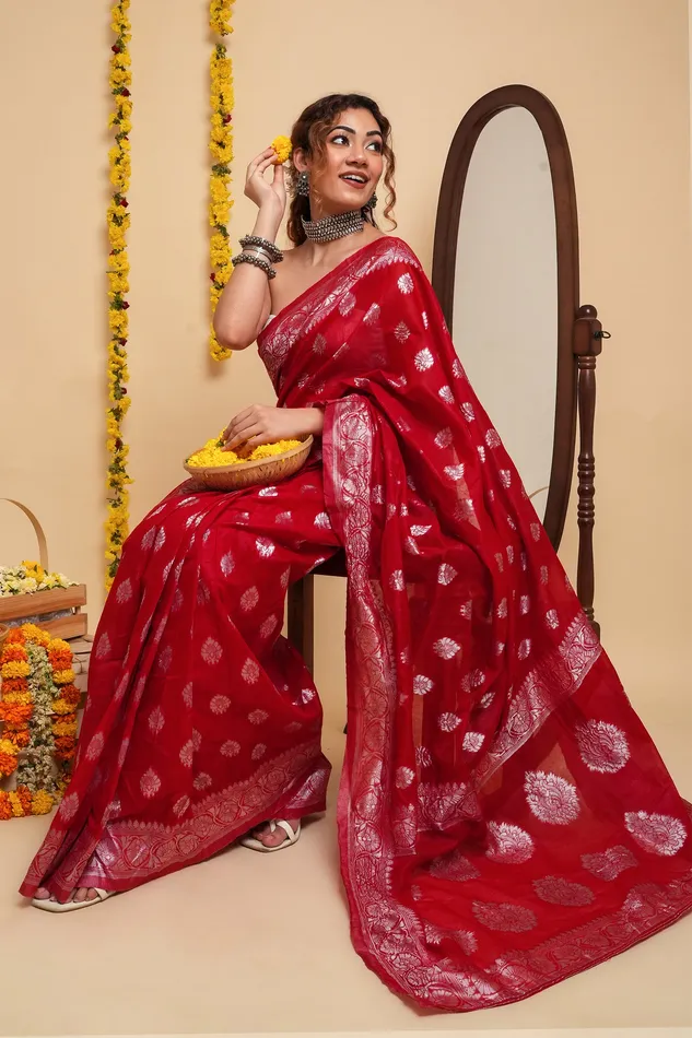 Earrings Teejh Teejh Taaki Red Linen Soft Cotton Ready to Drape Saree